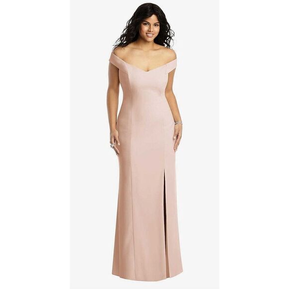Dessy Collection Off The Shoulder Criss Cross Back Trumpet Gown In Cameo. 13 - Picture 1 of 10